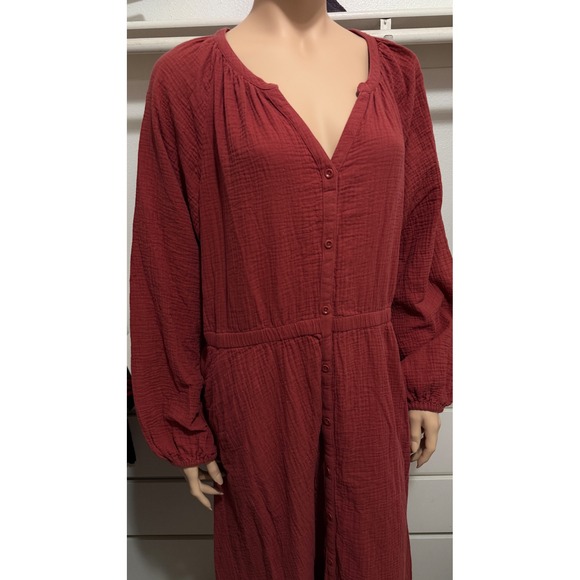 Pact Organic Cotton Gauze Button Front Maxi Dress XL Rust Red Long Sleeve Pocket - Picture 8 of 14